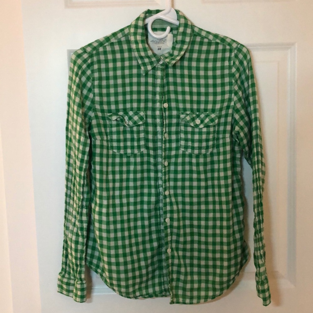 Green Checked Plaid Ruched Button Down